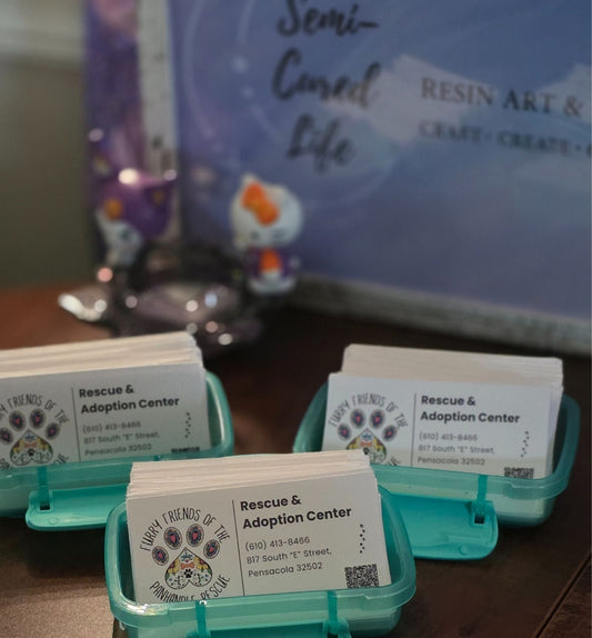 3 Stacks of finished dog rescue business cards on premium white cardstock