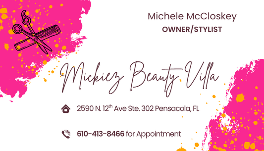Hot-pink paint-splash salon business card for Mickiez Beauty Villa with shears/comb icon, elegant script logo, address, and phone—glossy photo front layered on premium white cardstock.”