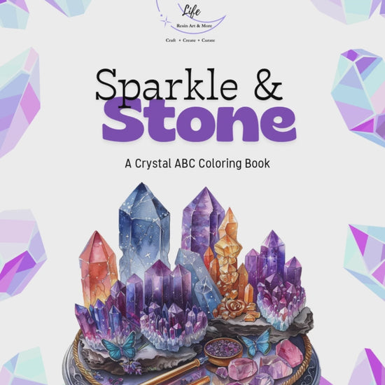 parkle & Stone inside pages showing A–Z crystal alphabet coloring scenes.