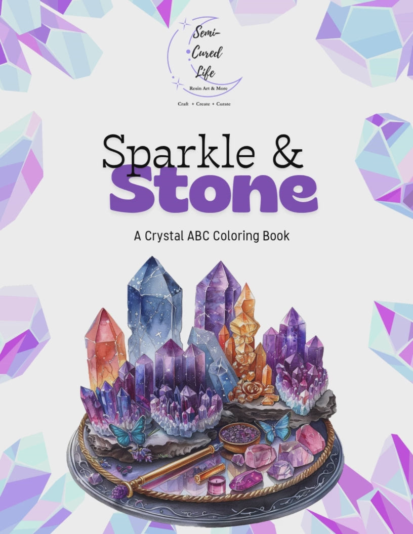 parkle & Stone inside pages showing A–Z crystal alphabet coloring scenes.